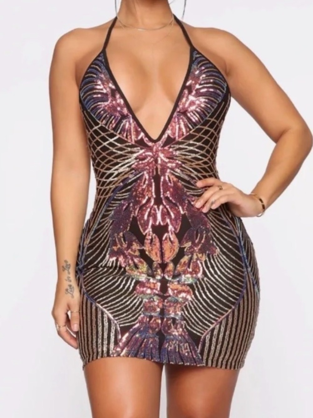 Fashion Nova Black Multicolor Sequin Halter Mini Dress
